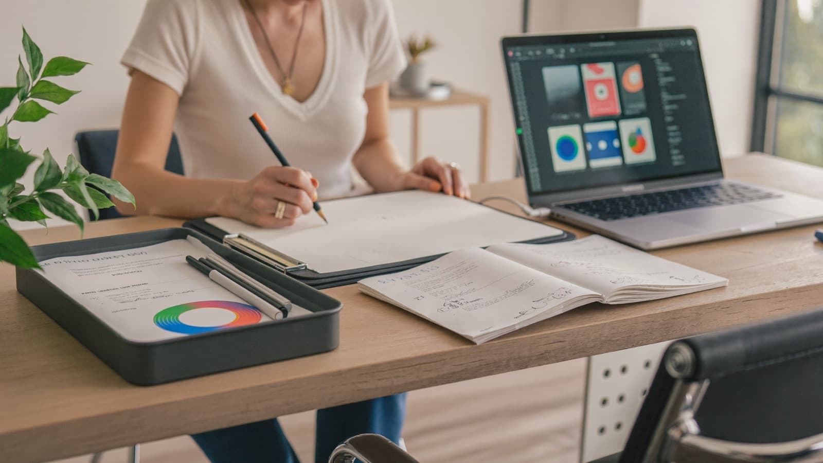A freelance designer at her desk with a drawing tablet, laptop, and invoice tray